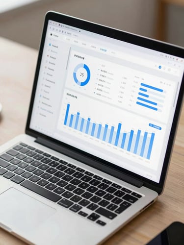 Close-up of a laptop screen displaying a clean dashboard UI with Chinese text labels and blue data charts, neutral office desk background, bright studio lighting, flat-lay angle