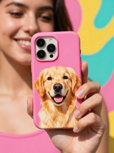 Close-up of a smiling young Latina model holding a vibrant phone case printed with a cute happy golden retriever dog portrait. High-energy background with fluid abstract organic shapes in bright pink, yellow, and turquoise. Warm natural Mexican sunlight, glossy finish, 35mm photography.