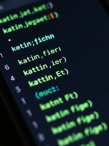 Extreme close-up of a high-end Android smartphone screen displaying a dark-mode IDE with glowing electric green Kotlin code, moody studio lighting, cyber-adjacent cool tones, macro lens, high-contrast