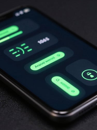 Extreme close-up macro photography of a modern Android flagship screen displaying a complex, glowing dark-mode interface with electric green accents, sharp technical details, dark studio lighting