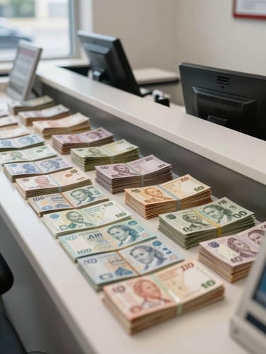 Wide interior shot of a licensed currency exchange counter in daylight, organized trays of foreign banknotes arranged in rows on a clean white surface, teller window visible in background, bright natural light from left