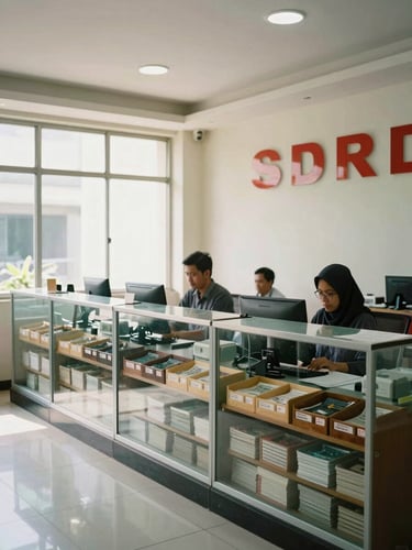 Wide interior shot of a licensed currency exchange counter in Jakarta, organized currency trays visible behind reinforced glass, bright daylight from side windows, staff standing at the desk in working posture, institutional and clean