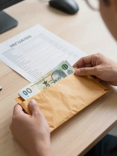Close overhead shot of a courier's hands placing a sealed envelope of organized banknotes onto a wooden desk in a bright daylight office, official receipt visible beside it, crisp white background