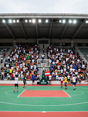 A wide environmental shot of the municipal coliseum Julio Borelli Viteritto during a youth tournament, families cheering in the stands, bright high-altitude daylight, 35mm
