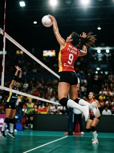 Dynamic low-angle action shot of a Bolivian volleyball player mid-jump striking the ball over the net, high-contrast indoor stadium lighting, deep emerald green court background, sharp action freeze-frame, 35mm.