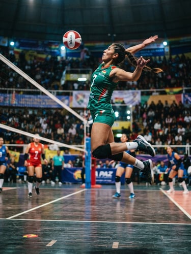Dynamic low-angle action shot of a volleyball player mid-jump during a match in La Paz, high-contrast court lighting, emerald green jersey accents, sharp action freeze-frame, 35mm.
