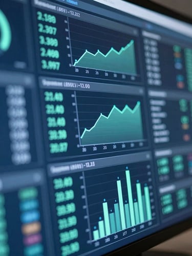 Macro photograph of a high-resolution screen displaying dense data visualization charts, crisp cool blue and mint green lights, shallow depth of field, professional corporate tech environment.