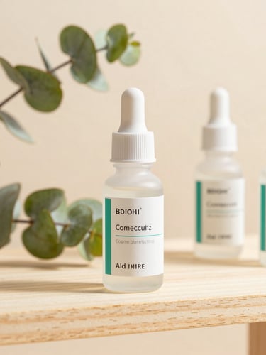 A close-up of authentic cosmeceutical bottles on a clean wooden shelf with botanical eucalyptus leaves, soft warm sand background, bright natural light.