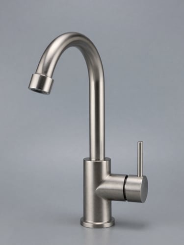 Straight-on technical product photography of a brushed-steel mixer faucet, sharp metallic highlights, clean slate gray background, 50mm lens
