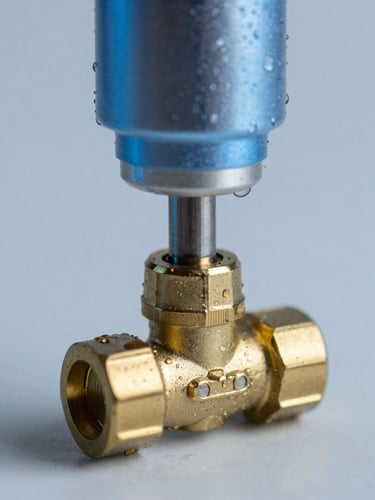 Macro technical close-up of a brass cartridge valve undergoing automated pressure testing, water droplets, cool blue studio lighting, sharp highlights