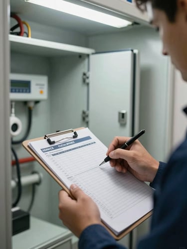Close environmental shot of a technician's hand writing on a service checklist clipboard, an open air handler panel behind it, interior utility closet with pipes and wiring, functional fluorescent work lighting