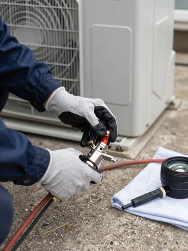 Close-up of a technician's gloved hands connecting refrigerant lines on an outdoor AC condenser unit, functional daylight, concrete pad visible below, tools laid out on a cloth to the right