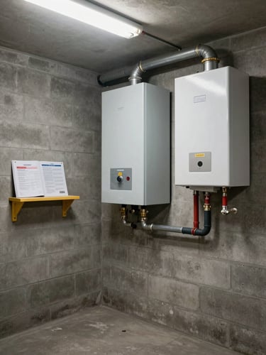 Wide shot of a residential utility room, gas furnace and water heater against a concrete block wall, functional overhead fluorescent lighting, service manual visible on a shelf, no people