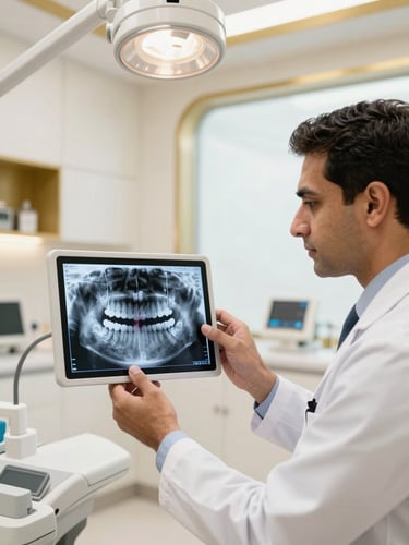 A professional close-up of Dr. Amit Garg examining high-resolution 35mm digital dental scans in a bright, modern Mohali clinic operatory with warm gold accents.