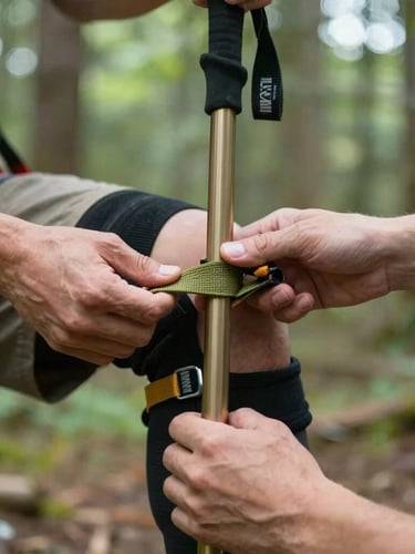 Close-up of hands carefully splinting a leg using a sturdy trekking pole and climbing webbing, soft natural forest lighting, realistic training, 35mm
