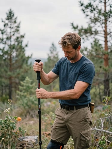 A medium shot of an outdoor instructor in a forest clearing demonstrating splinting techniques using a trekking pole, natural daylight, soft overcast sky, 35mm photography