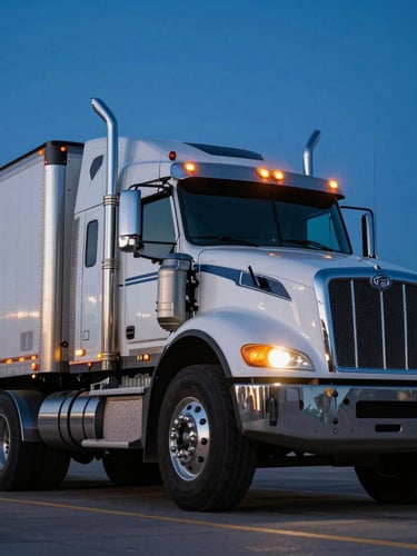 Low-angle heroic shot of a clean, branded late-model tractor-trailer parked at twilight, safety-amber running lights glowing against a deep blue dusk sky, Calgary terminal in the background.