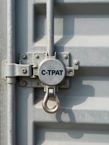 Close-up macro shot of a heavy-duty C-TPAT security seal locked on a clean steel container door, low-sun casting long shadows, industrial texture