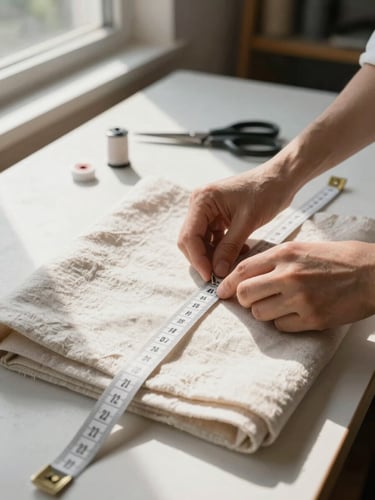 Close-up of tailor's hands drawing a measuring tape across folded linen fabric on a wide cutting table, natural window light from the left casting a soft shadow across the cloth, seam chalk and scissors resting in the background
