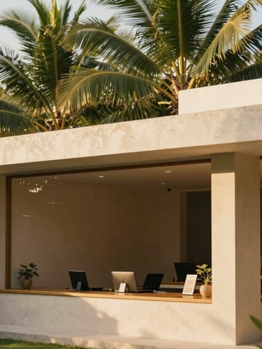 Warm editorial photography of a modern tropical open-air office in Bali, with lush emerald palm leaves in the background, soft golden hour sunlight, architectural lines, 35mm.