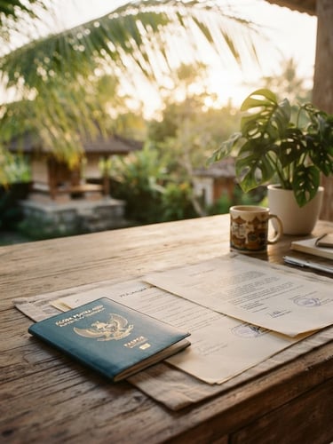 Warm editorial portrait photography of a clean wooden workspace in Bali, a passport and elegant legal documents on the desk, soft golden-hour light filtering through tropical palm leaves, 35mm.