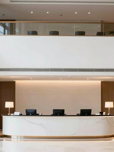 Clean architectural shot of a bright hotel lobby and reception desk with soft interior lighting, professional atmosphere.