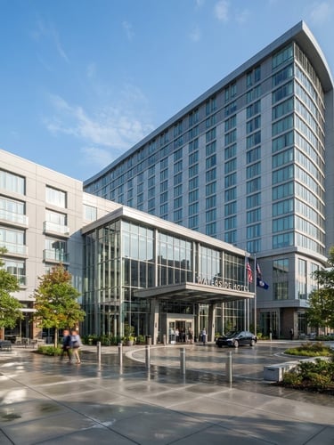 Wide-angle architectural photograph of a modern hotel exterior in Norfolk, bright morning daylight, clean corporate lines, sharp focus, 35mm lens
