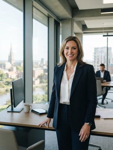 Professional architectural portrait of a hospitality executive in a sunlit Norfolk office, clean corporate tones, sharp focus, 35mm lens