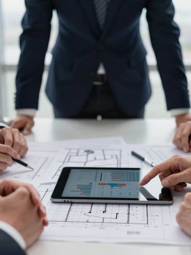 Close-up of a modern executive meeting table with architectural blueprints and a tablet showing financial charts, hands of senior partners in discussion, soft focus background, natural daylight, 35mm.