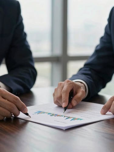Close-up of executive hands analyzing financial charts on a sleek dark wooden table, soft architectural background, natural diffused daylight.