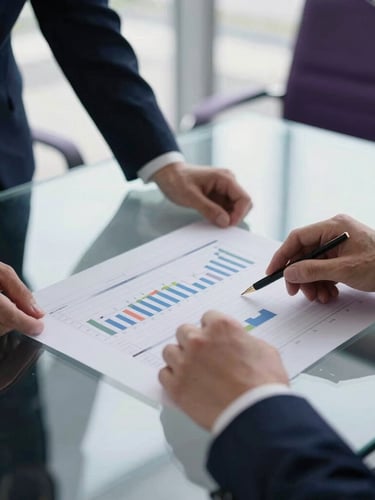 A close-up, high-contrast shot of hands analyzing structural data charts on a sleek glass table in a diffused daylight boardroom, corporate editorial style, 35mm.