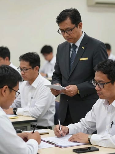 Proses uji kompetensi penyehat tradisional yang bersih dan formal, asesor berlisensi BNSP mengamati kandidat dengan cermat di ruang ujian terstandarisasi.