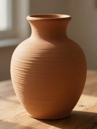 Close-up macro shot of a terracotta 3D printed vase with prominent tactile ridges, sitting on a wooden table, soft golden-hour window daylight casting gentle shadows, warm minimalist styling.