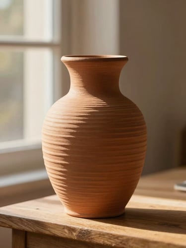 Close-up of a terracotta 3D-printed vase with deep tactile ridges on a wooden shelf, soft golden-hour window daylight casting gentle shadows, warm editorial photography