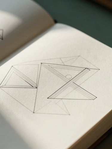 Extreme close-up of a structured leather-bound journal with clean hand-drawn geometric diagrams, sharp pencil lines, natural north-facing daylight, deep shadows