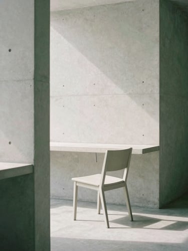 Minimalist architectural workspace with clean concrete lines, a single empty chair, soft daylight casting deep shadows, highly editorial, 35mm lens