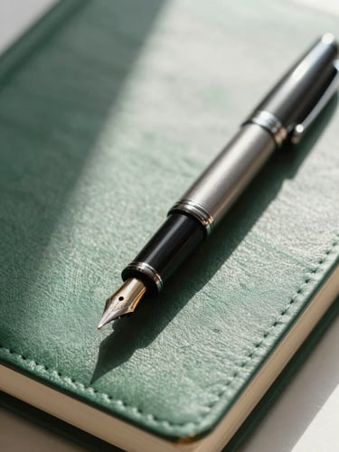 Extreme close-up of a fountain pen resting on a structured leather journal, crisp architectural shadows, soft natural daylight, academic aesthetic