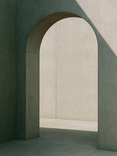 A minimalist concrete architectural archway with sharp shadows, soft diffused natural daylight, clean lines, editorial photography style