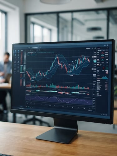 Crisp natural office light, close-up of a secure digital interface displaying financial charts on a sleek monitor, modern collaborative workspace background, deep navy tones, sharp focus, 35mm lens
