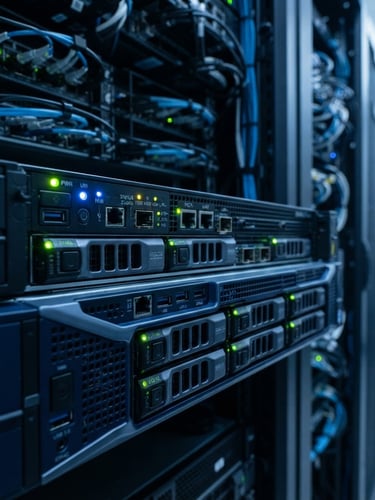 Close-up of a modern, clean server rack interface with status lights glowing, crisp natural office lighting, deep navy and cool gray tones, sharp focus, 35mm lens