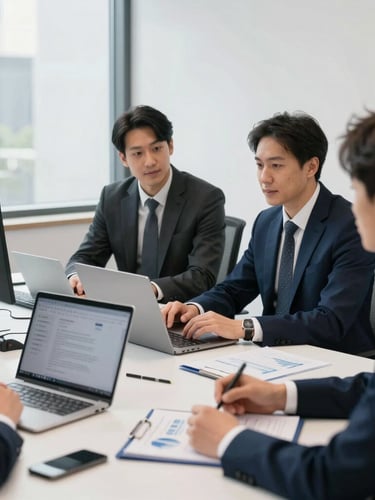 Crisp editorial corporate photography of a modern collaborative workspace, financial planning session with clean technology setups, natural office light, sharp focus