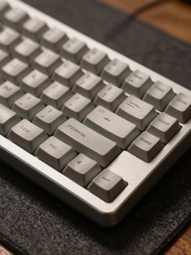 Tight macro shot of an anodized aluminum mechanical keyboard on a dark felt desk mat, soft warm side lighting highlighting keycap textures