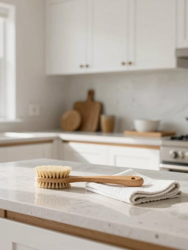 Immaculate, sun-drenched residential kitchen with white cabinets and warm oak accents, meticulously organized. Close-up of a wooden brush and folded microfiber cloth on a clean stone countertop. Bright, natural daylight, high-end editorial, 35mm lens.