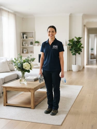 Professional, friendly OIS Cleaning Services team member in a neat uniform, smiling genuinely, standing in a bright, clean residential living room with soft natural daylight. Wide-angle, editorial style, 35mm lens.