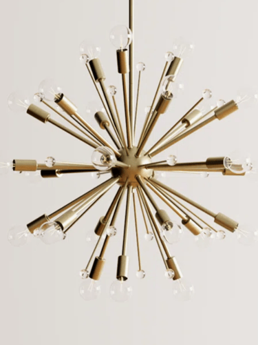 Mid-century modern brass sputnik chandelier featuring a starburst design with exposed light bulbs.