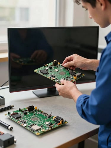Medium shot of technician hands carefully lifting a TV mainboard from an opened television chassis on a clean workshop bench, bright north-facing daylight, genuine replacement parts laid out in the foreground, neutral warm-grey surface
