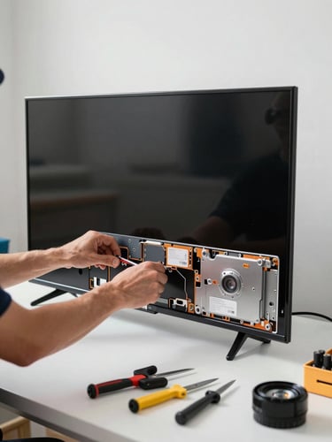 Close medium shot, technician hands carefully prying open the back panel of a large flat-screen TV on a white workshop bench, bright north-facing studio light eliminating shadows and revealing the internal components sharply, tools laid out in the foreground