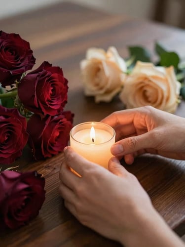 Close-up of hands arranging deep burgundy roses and champagne-colored flowers on a dark wooden table, soft warm candlelight, shallow depth of field