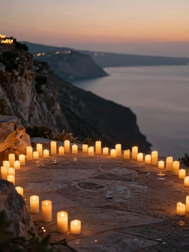 Cinematic wide shot of an empty, breathtakingly decorated proposal spot on a Mediterranean cliffside at twilight, hundreds of glowing candles, soft focus, warm editorial photography.