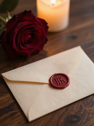 Close-up of a delicate wax-sealed envelope resting on a dark wooden table next to a single deep burgundy rose, warm golden candlelight glow, soft focus, 35mm